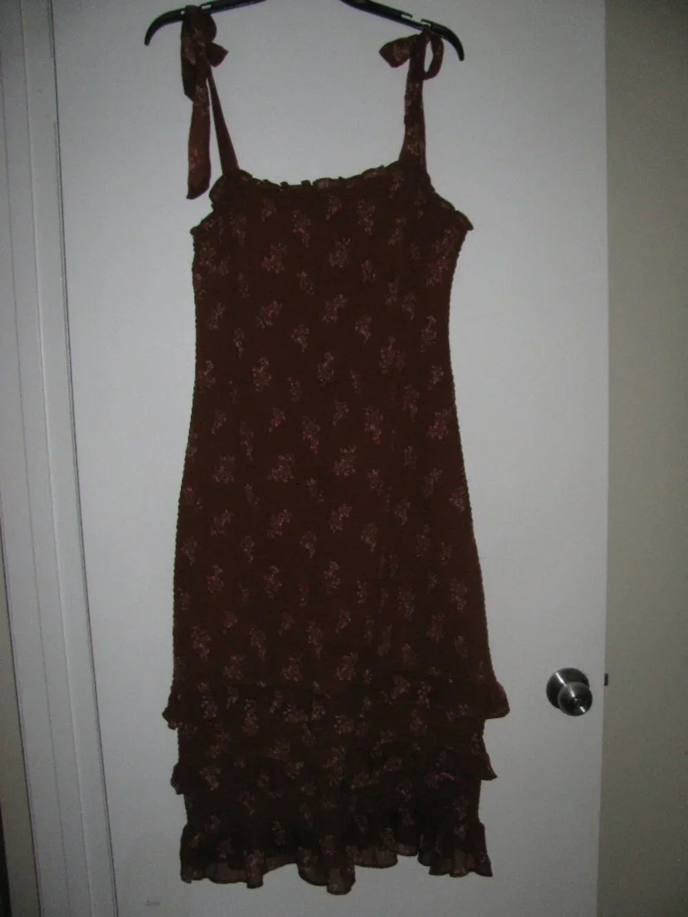Coach Brown Floral Tie-Shoulder Ruffle Midi Dress